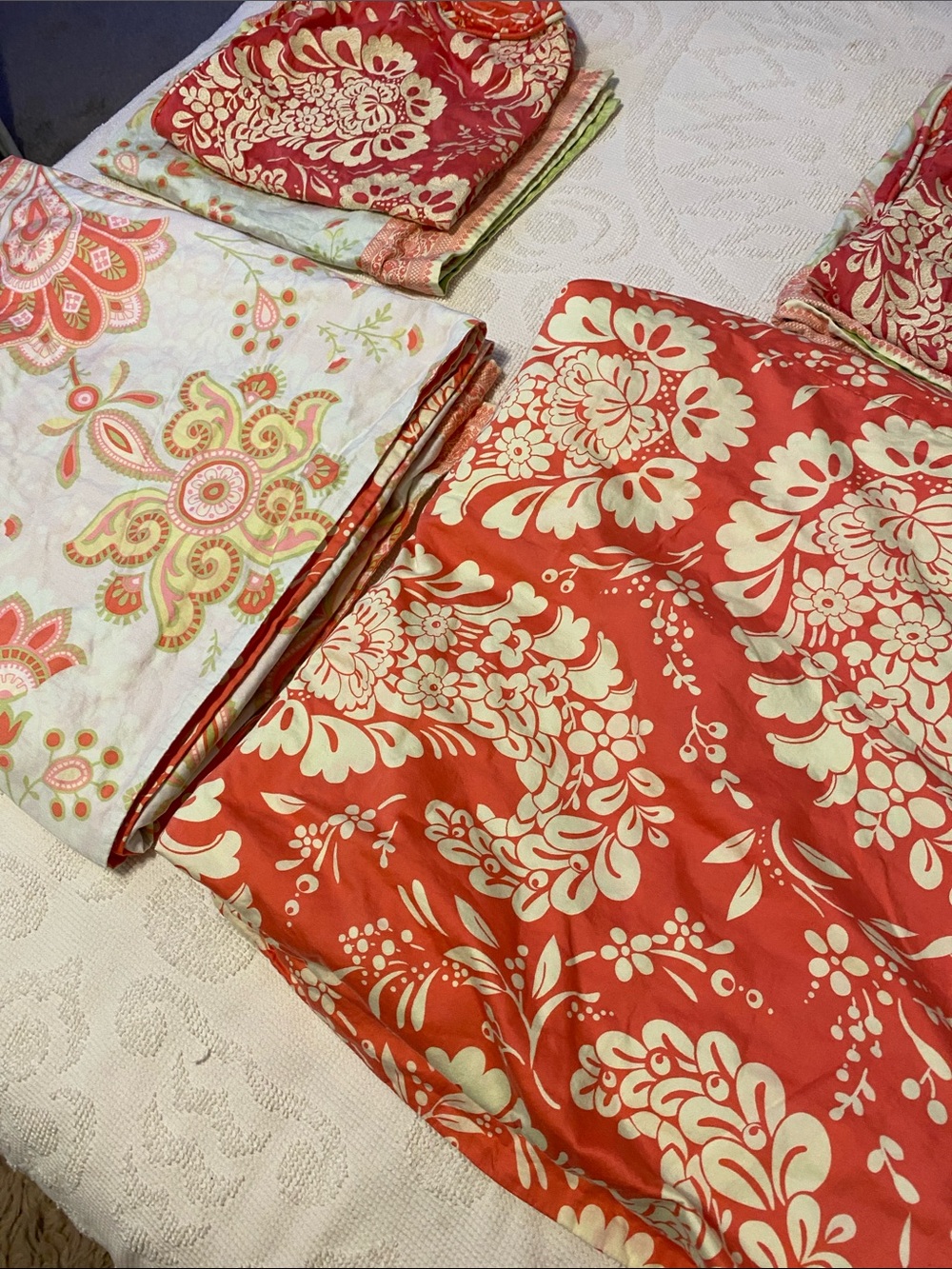 Coral and Cream Floral Bedding Set - Bold Damask Print 2 sets.